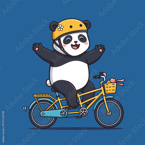 Joyful panda rides yellow tandem bike with flower helmet and heart basket, arms raised on blue background.
