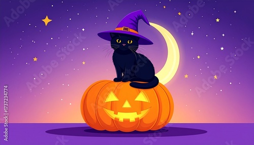 A cute black cat in a purple witch hat sits on a glowing jack-o'-lantern under a starry night sky with a crescent moon.