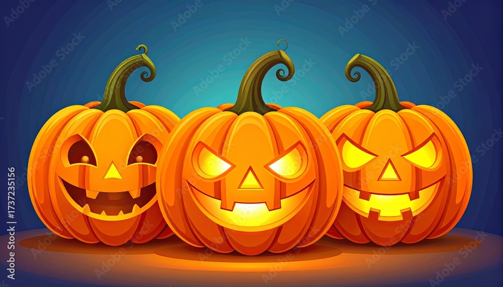 Fototapeta premium Three glowing jack-o'-lanterns with carved faces for Halloween celebration.