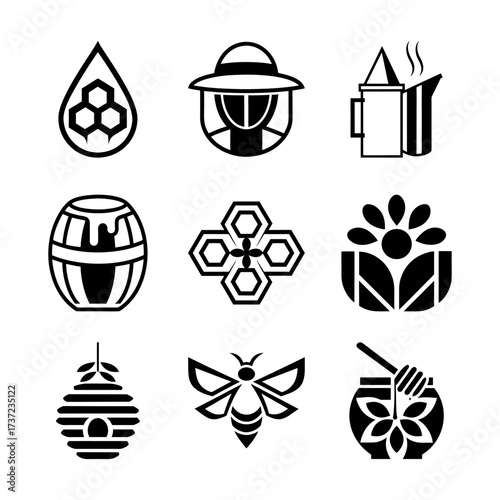 A minimalist black-and-white icon set representing honey and beekeeping