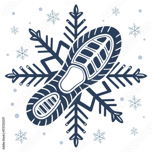 Winter running shoe print on snowflake