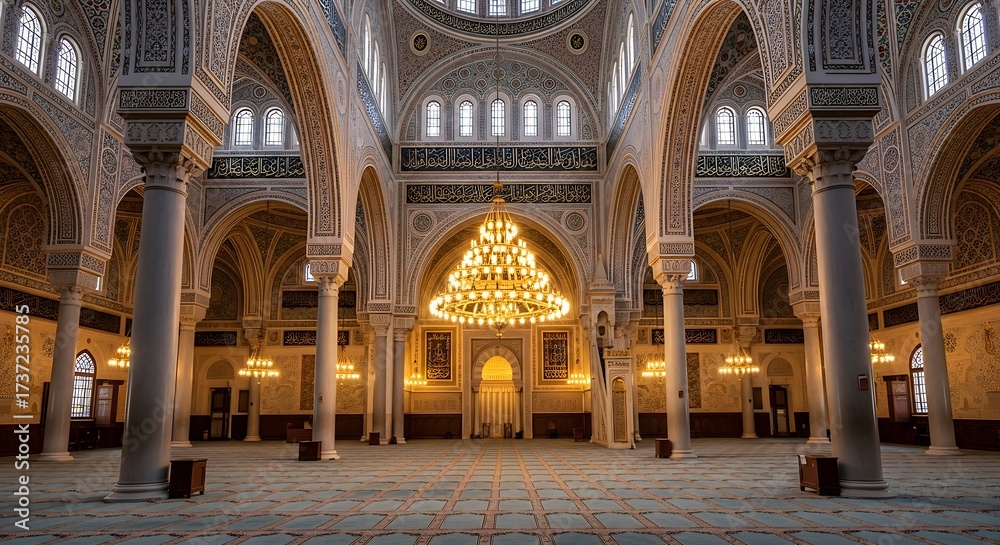 Fototapeta premium Interior of a Mosque with Arches and Chandelier.