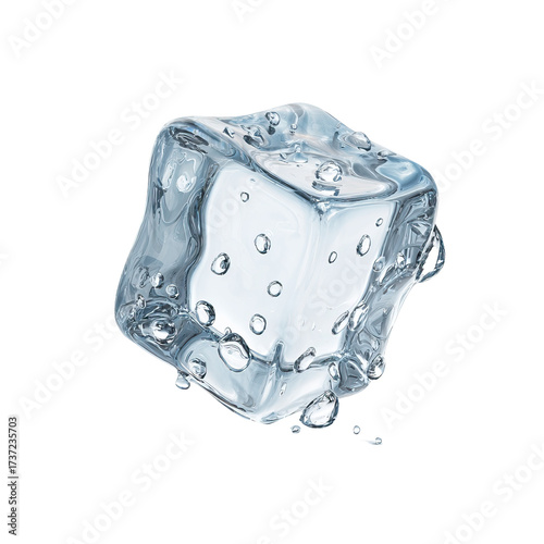 Single Melting Ice Cube with Realistic Water Droplets and Shiny Surface on Transparent Background
