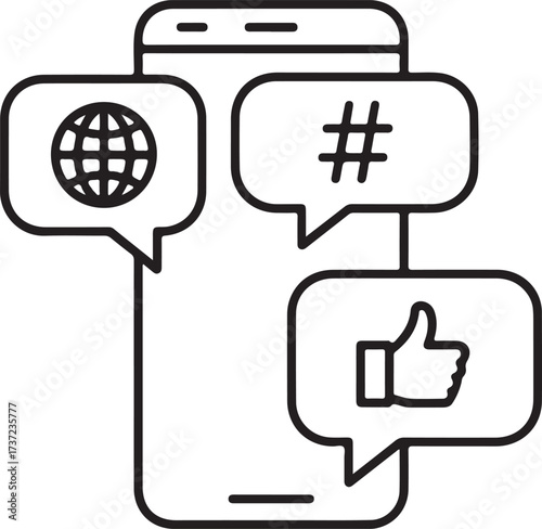 Smartphone with social media icons in speech bubbles representing online communication and engagement