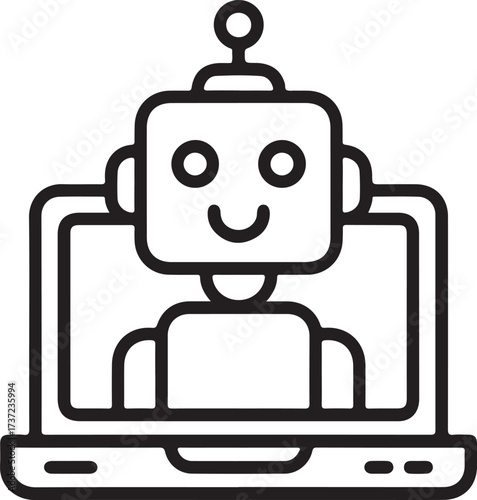 Friendly robot avatar appears on a laptop screen representing artificial intelligence and technology