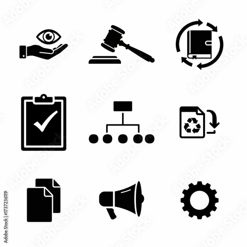 A collection of black vector icons representing legal compliance, oversight, data governance, policy implementation, process flow, and operations management.