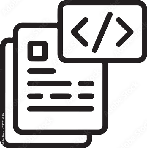 Abstract icon representing coding documentation and programming code snippets on paper