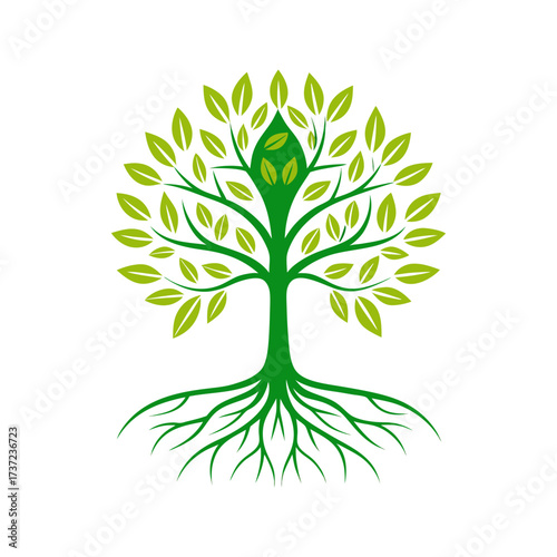 Vibrant green tree with spreading branches and deep roots symbolizing growth nature and life against a stark black background