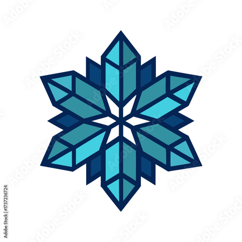 Geometric blue snowflake abstract design with sharp edges and facets on a solid black background symbolizing winter and cold