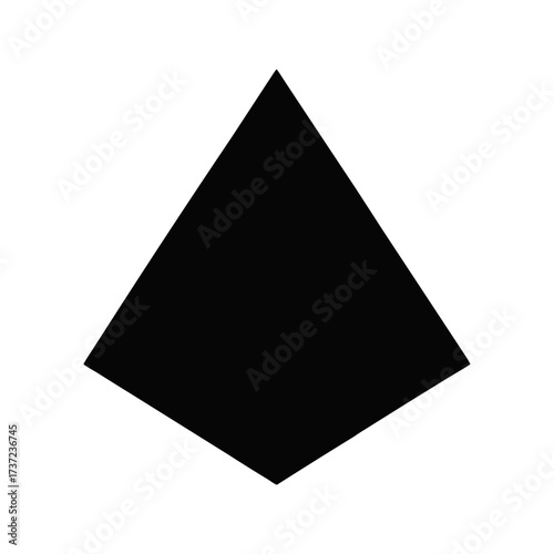 A geometric abstract shape resembling a faceted gem or a stylized pyramid with sharp edges and a dark mysterious appearance on a black background