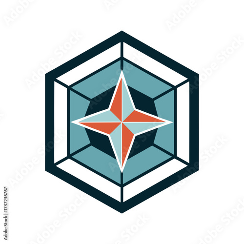 Geometric compass rose emblem with teal and coral colors inside a dark blue hexagonal frame on a black background representing direction and navigation