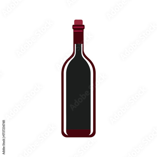 A minimalist flat design illustration of a dark red wine bottle with a dark grey interior and a pinkish red capsule on a solid black background