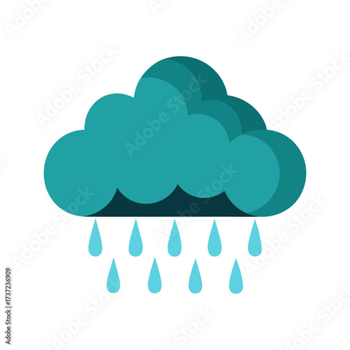 Stylized turquoise rain cloud with falling water droplets against a solid black background representing weather and precipitation