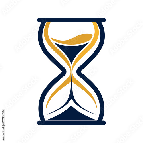 Stylized hourglass with flowing golden sand against a deep navy blue frame on a stark black background symbolizing the passage of time