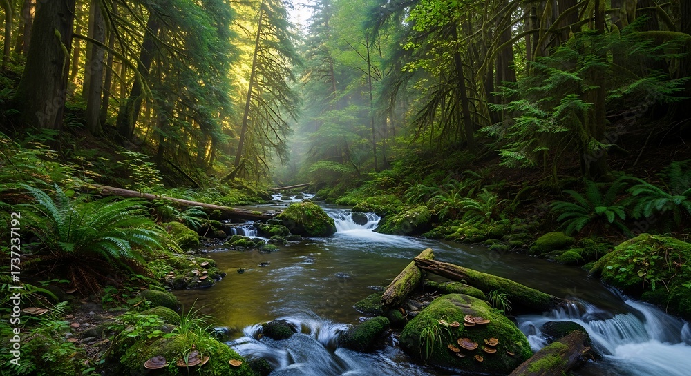 Fototapeta premium Lush green forest with a flowing stream and dappled sunlight.