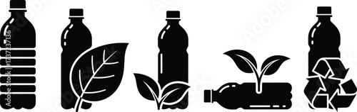 Black Bottle Icons Set with Leaves and Recycling Symbol on Transparent Background