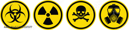 Biohazard, Nuclear, Skull Crossbones and Gas Mask Warning Signs Isolated on White