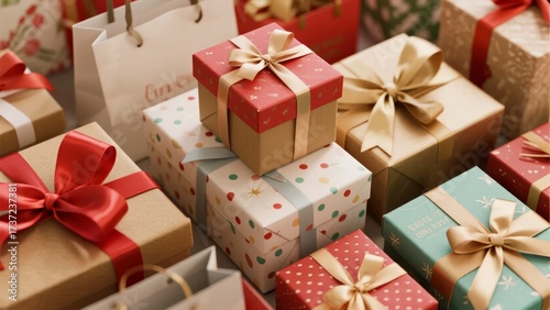 A collection of wrapped holiday gifts with colorful ribbons and bows, arranged closely together.