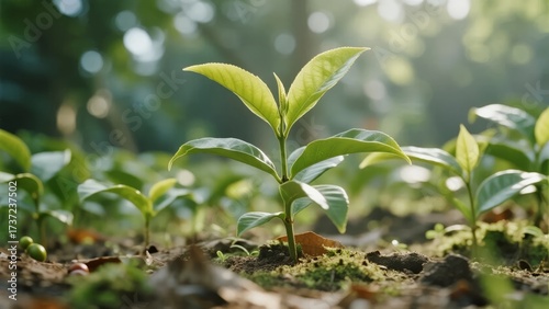 Young green plants growing in soil with sunlight filtering through leaves in a natural outdoor setting