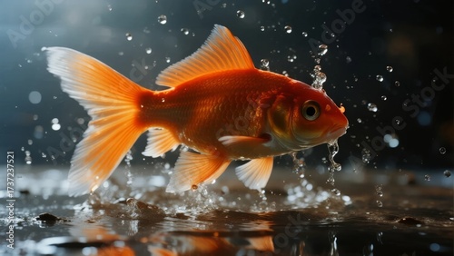 A vibrant orange goldfish leaps from water, creating splashes and droplets in a dynamic motion shot.