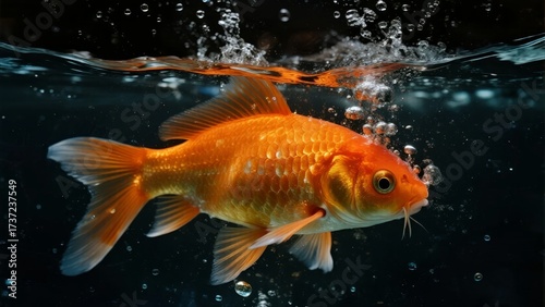 A golden orange fish swims near the water surface with bubbles rising around it in a dark aquatic environment.