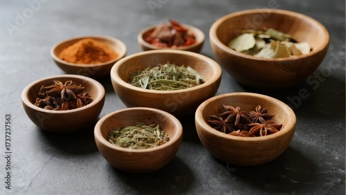 Various spices and herbs displayed in wooden bowls on a dark surface
