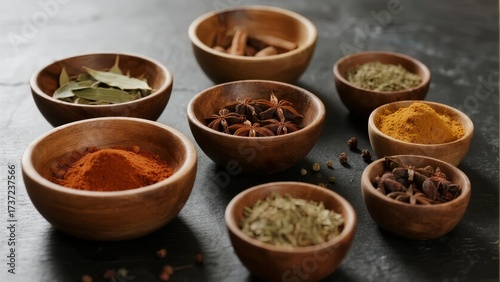 Various spices and herbs displayed in wooden bowls on a dark surface
