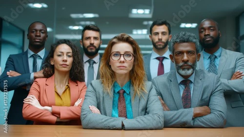Confident business team diverse professionals corporate meeting leadership group serious expression office interior confident