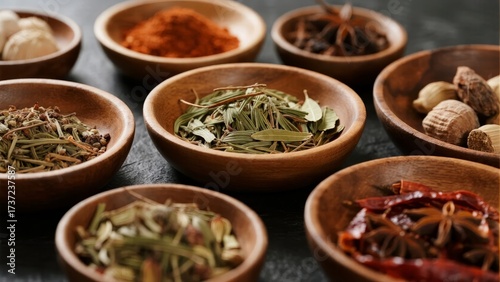 Various dried spices and herbs arranged in wooden bowls on a dark surface