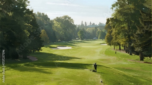 A golfer on a lush green fairway surrounded by trees on a sunny day