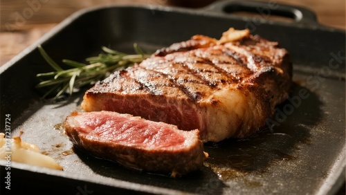 Grilled steak with a slice cut, showing medium-rare interior, served on a baking tray with rosemary and garlic.