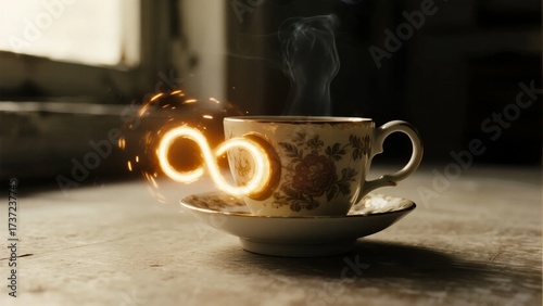 A steaming teacup with a glowing infinity symbol floating beside it on a wooden surface near a window.