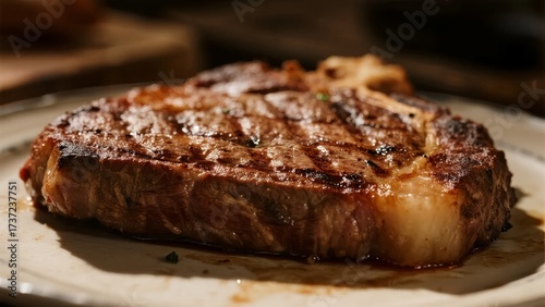 Grilled steak with charred grill marks served on a plate