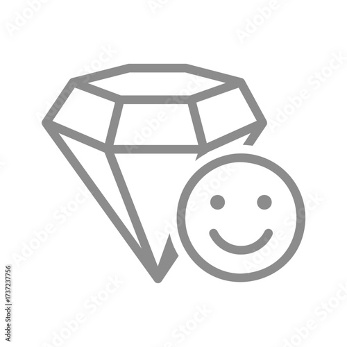 Diamond with happy face line icon. Joy, delight, or fulfilling value symbol. Vector illustration