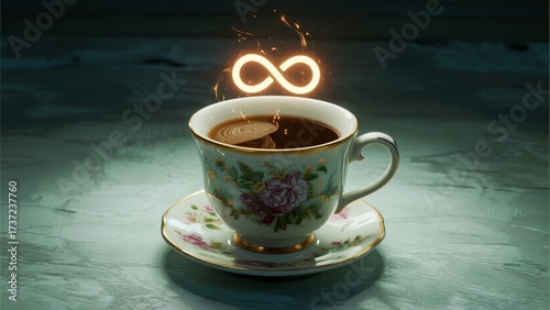 A floral teacup with glowing infinity symbol above the tea