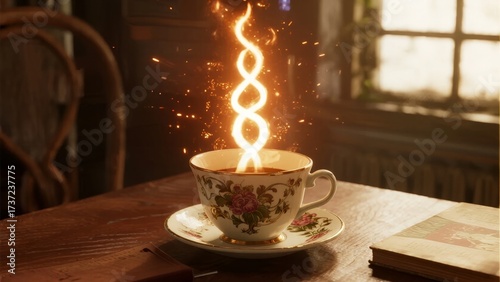 A teacup with a swirling flame rising from it, emitting sparks on a wooden table near a window.