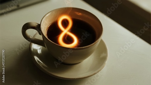A cup of coffee with a glowing number eight formed in the liquid, placed on a saucer on a table.