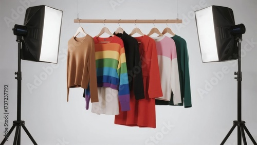 Colorful garments displayed on a wooden rack with studio lighting in a neutral setting