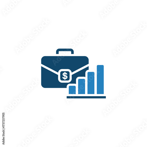 A blue briefcase icon with a dollar sign, alongside a rising bar graph, representing financial growth.