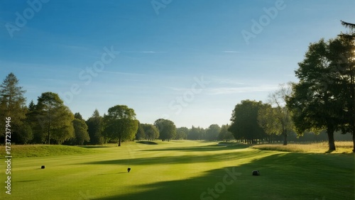 A serene golf course with lush green fairways, scattered trees, and clear blue sky under morning sunlight.