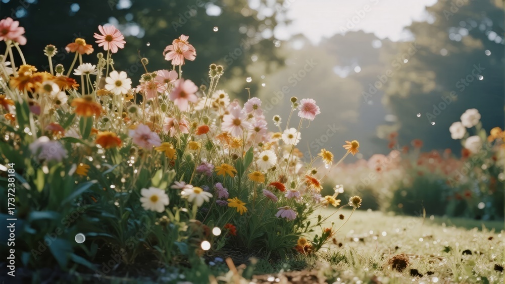 Obraz premium A vibrant field of wildflowers in soft sunlight with a blurred natural background