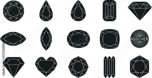 Black Diamond Cut Collection Set Isolated on White, Asscher Cut, Precious Stone