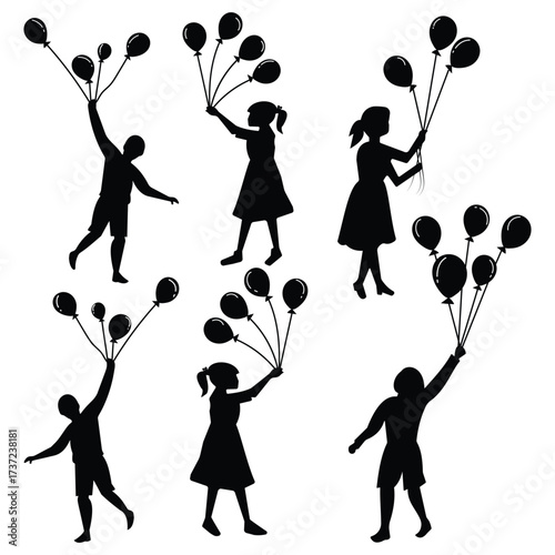 Girls and boys are holding balloons silhouette, children are playing with balloons. Children's Day, balloons icon, symbol design. Vector illustration.