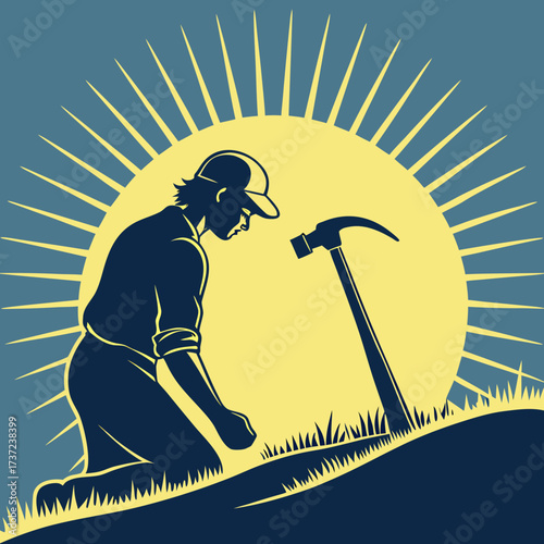 Vector art of carpenter working at sunrise