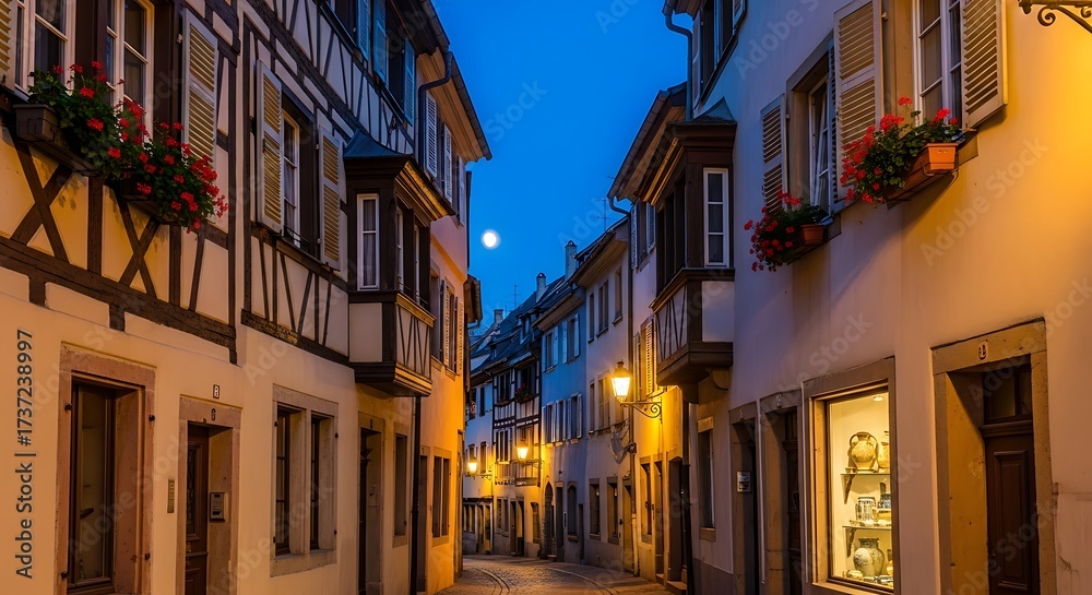Fototapeta premium Picturesque European Street at Dusk with Moon.