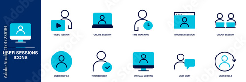 User Sessions Blue Colored Outline Icon Set