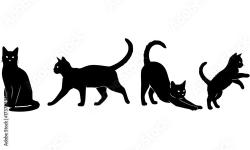 Black Cat Silhouette Vector Set: Collection of Four Feline Poses Including Sitting, Stretching, and Walking for Halloween, Pet Shop, and Minimalist Animal Graphics