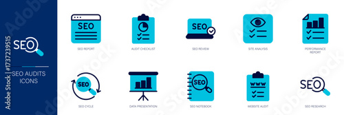 SEO Audits Blue Colored Outline Icon Set