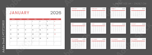 Set of 12 Pages Monthly Calendar Planner Templates on 2026 year. Vector mockup of a wall or desktop calendar organizer grid with the week starting on Sunday ready print. Page for size A4 -21x29.7 cm