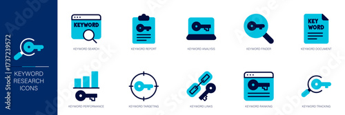 Keyword Research Blue Colored Outline Icon Set